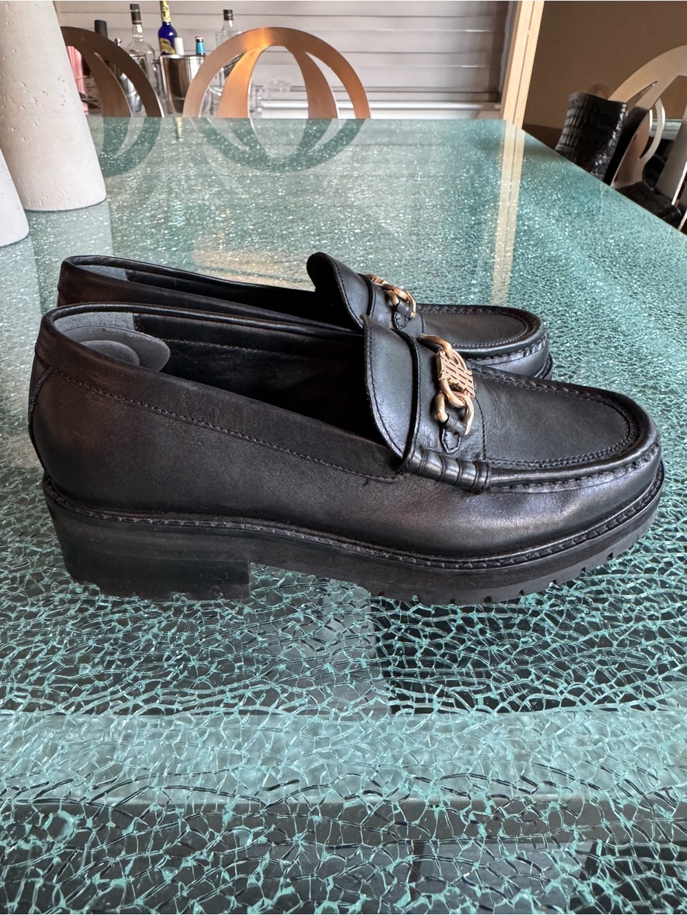 Reiss women Black Leather Slip-On Loafers with Gold Tone Hardware 7 - Picture 2 of 9